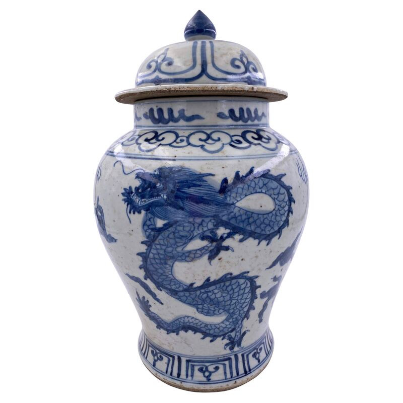 16" Small Dragon Temple Jar, Blue | One Kings Lane