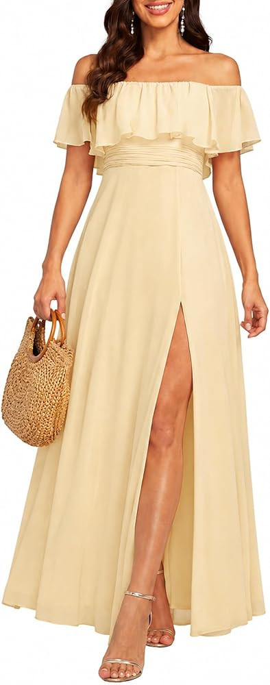 Ever-Pretty Women's Summer Off The Shoulder Flowy Chiffon Formal Wedding Guest Dresses Maxi Side ... | Amazon (US)