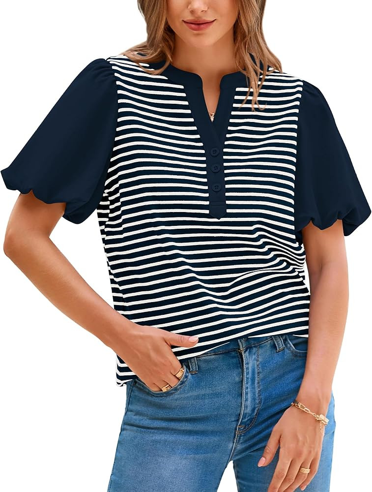 BTFBM 2025 Women's Summer Puff Short Sleeve Tops V Neck Casual Button Up Striped Tee Shirts Loose... | Amazon (US)