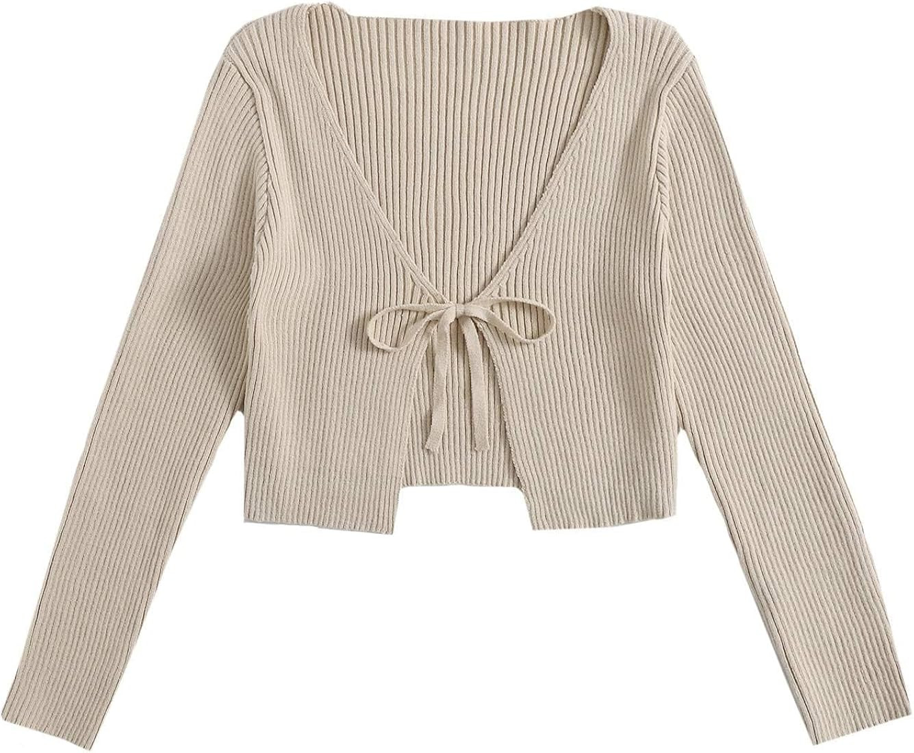 Floerns Women's Tie Front Long Sleeve Rib Knit Shrug Sweaters Cardigan Crop Top | Amazon (US)