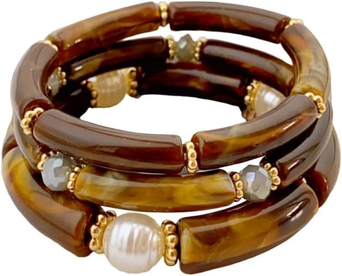 3Pcs Chunky Beaded Bracelets Set Resin Bamboo Tube Curved Stackable Stretch Bracelets Pearl Beade... | Amazon (US)