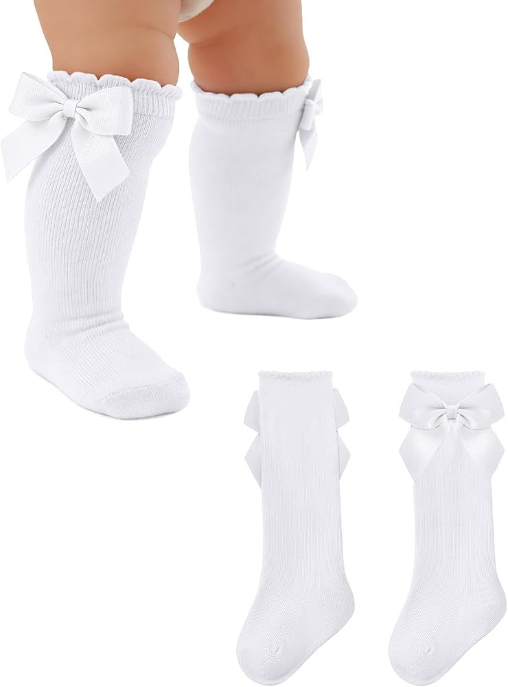 Baby Toddler Girls Knee High Socks with Bows, Long Stockings | Amazon (US)