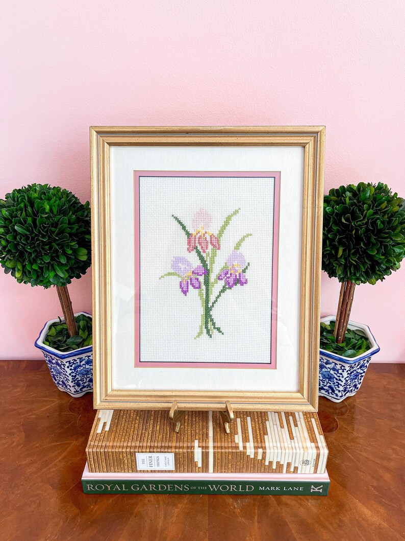Vintage Botanical Iris Flower Needlepoint Art in Gold Frame  - Etsy | Etsy (US)