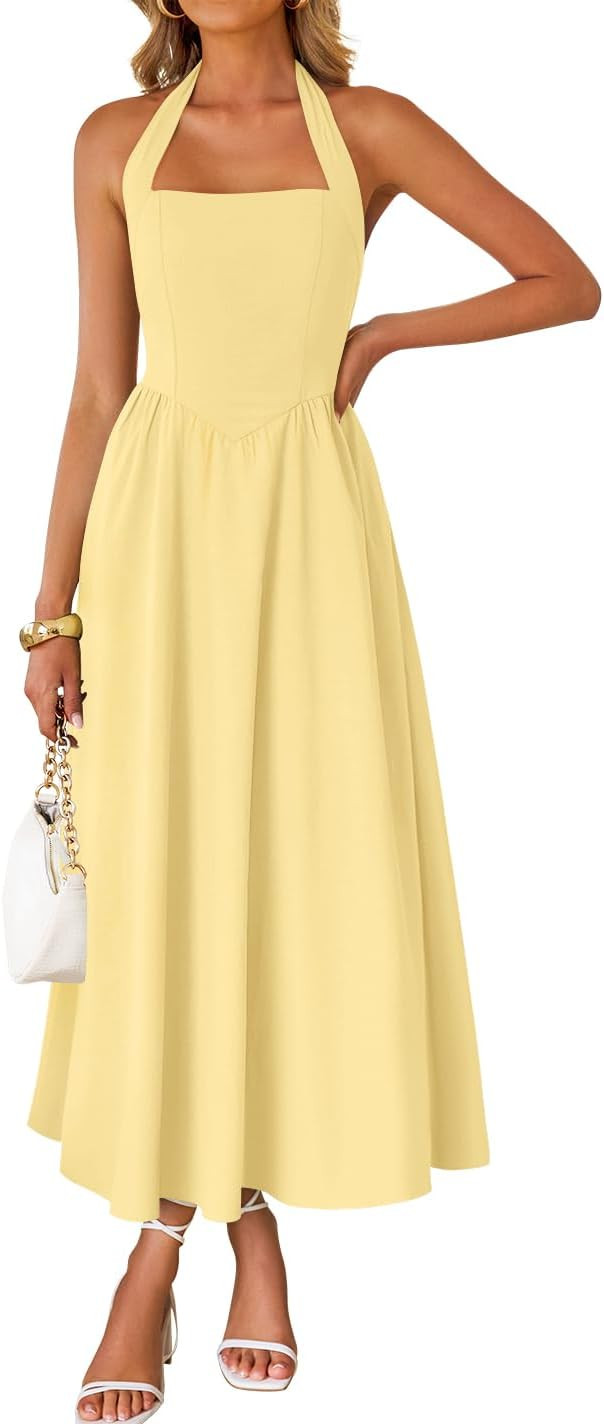 ZESICA Women's Summer Sleeveless Halter Midi Dress 2026 Off Shoulder High Waist Flowy Formal Wedd... | Amazon (US)