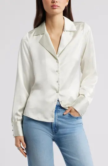 Open Edit Satin Button-Up Shirt in Ivory at Nordstrom Rack, Size X-Small | Nordstrom Rack
