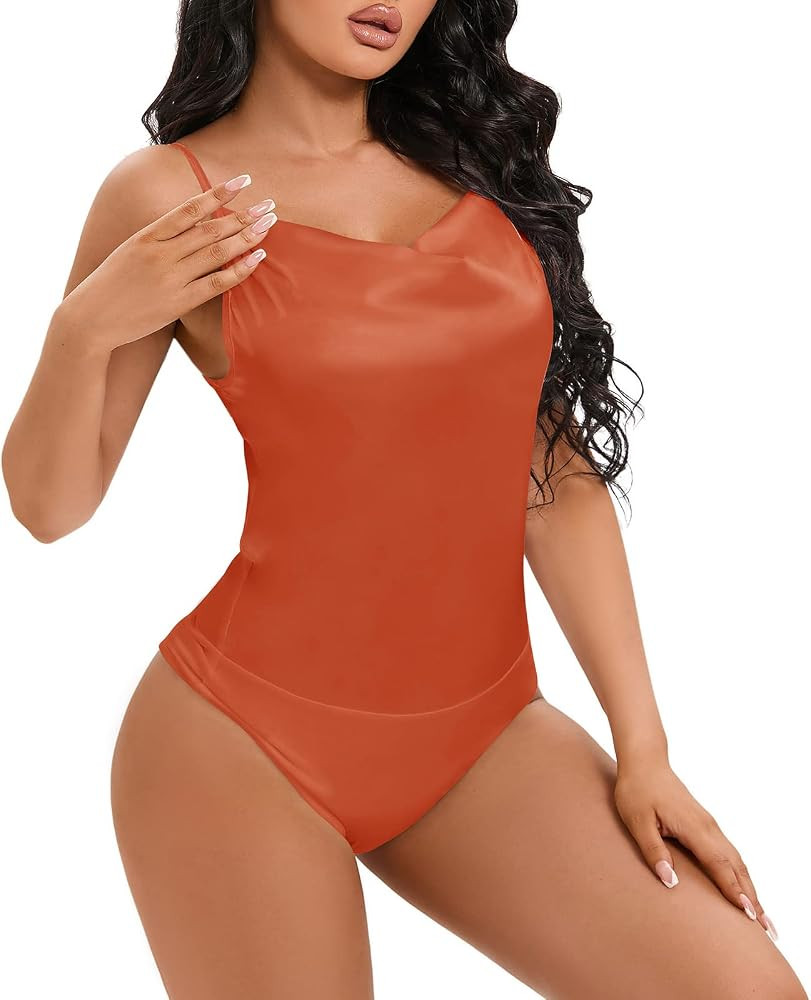 Miqieer Women's Sexy Silk Cowl Neck Bodysuits Satin Sleeveless Tank Tops Bodysuits | Amazon (US)