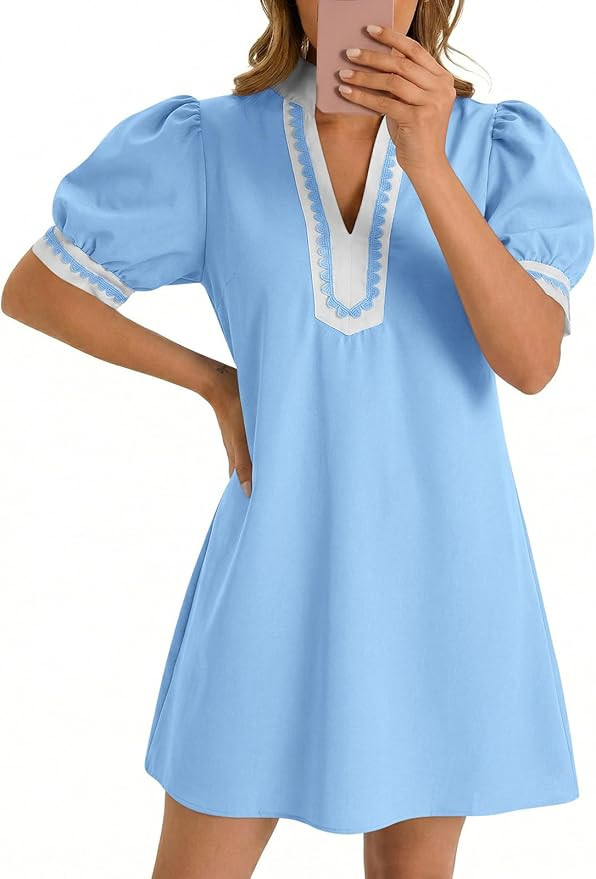 Wenrine Womens Summer Mini Dress Casual Puff Sleeve V Neck Color Block Loose Boho Beach Dresses w... | Amazon (US)
