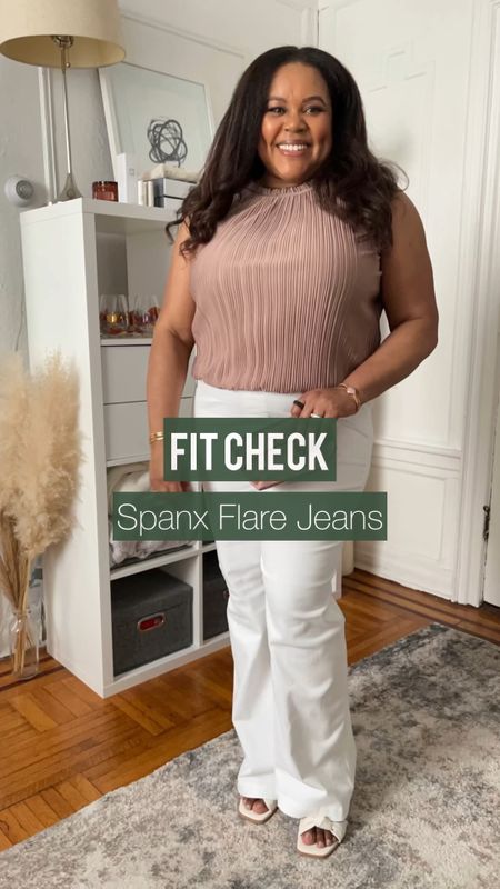 Fit Check || Spanx Flare Jeans w/summer top by Evereve. Pants 2X, Blouse XL. I sized up the pants but didn't need to. unlike Spanx leggings, the flares run TTS. 4th of July outfit, white jeans, white sandals #ltkunder100 #ltkfind 

#LTKSeasonal #LTKcurves #LTKstyletip
