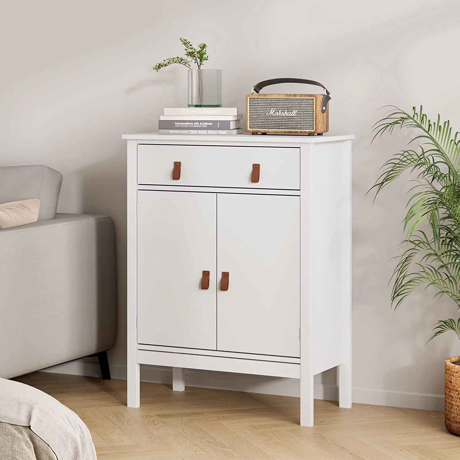 Soges Accent Cabinet 3 Tier Storage Cabinet with Leather Handle, Modern White Dresser, Side Cabin... | Walmart (US)