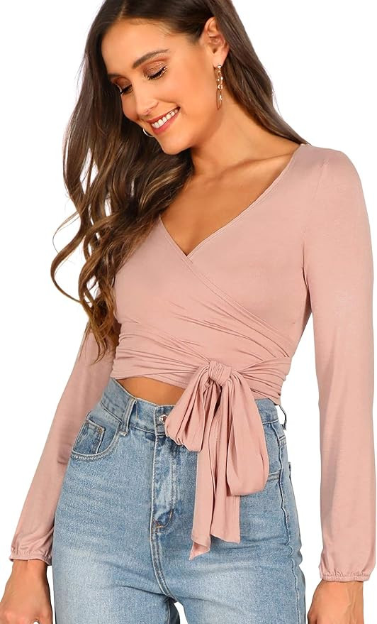 Floerns Women's Long Sleeve Deep V Neck Surplice Wrap Knot Crop Tee | Amazon (US)