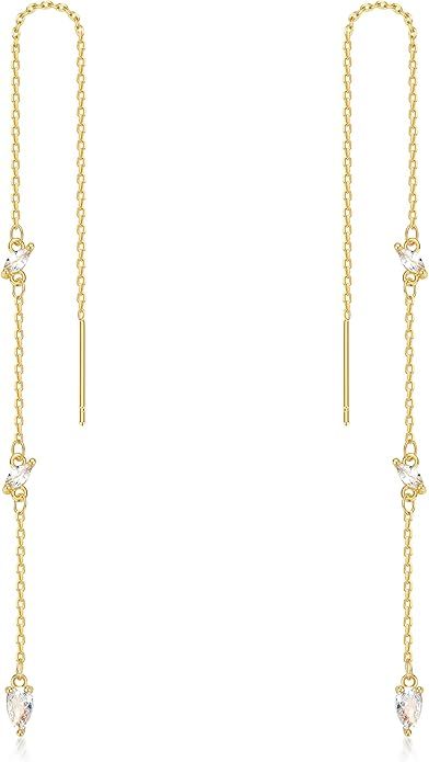 Threader Dangle Earring Teardrop Marquise Cubic Zirconia Gold/Silver Plated Long Link Chain Drop ... | Amazon (US)