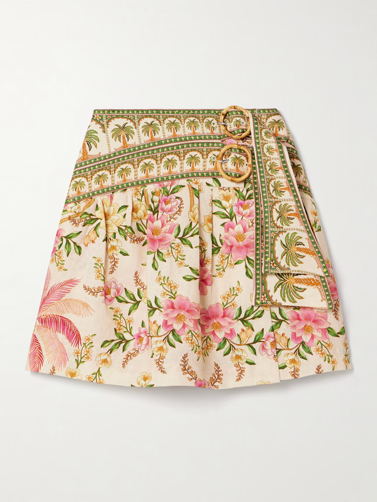 Farm Rio - Belted Wrap-effect Pleated Floral-print Linen Mini Skirt - Multi | NET-A-PORTER (US)