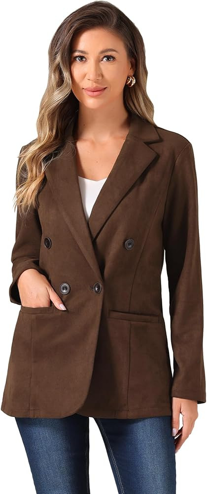 Allegra K Faux Suede Blazer for Women's Business Casual Lapel Collar Double Breasted Suit Jacket | Amazon (US)