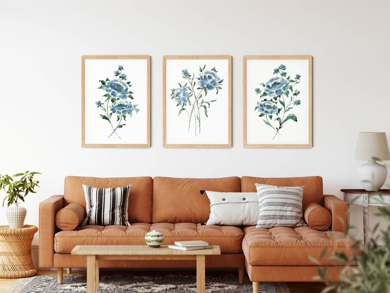 Peony Flower Watercolor Print Set Of 3, Navy Blue Flower Printable Wall Art, Instant Download, Li... | Etsy (US)