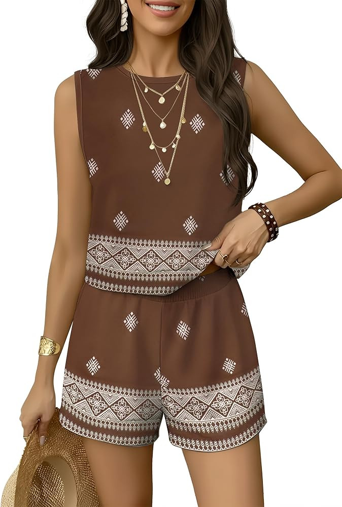 GUNEST 2 Piece Sets for Women Summer Lounge Short Sets Tank Tops Crew Neck Sleeveless and Bottom ... | Amazon (US)