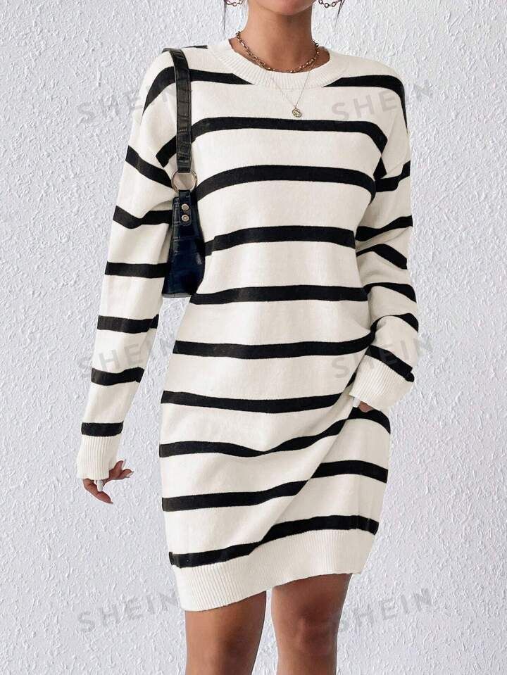 SHEIN Frenchy Striped Pattern Drop Shoulder Sweater Dress | SHEIN