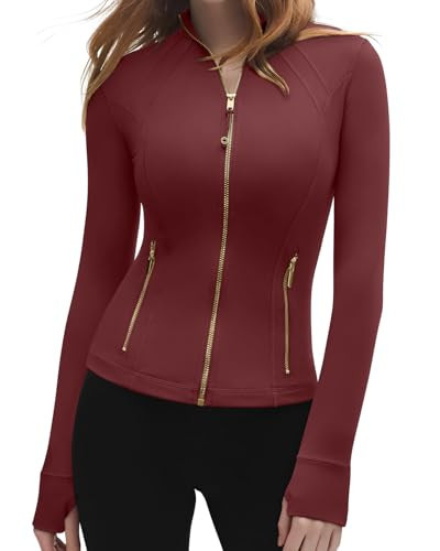 SUUKSESS Women Golden Full Zip Up Workout Cropped Jackets Lightweight Slim Fit Athletic Yoga Tops with Thumb Holes (Dull Red, M) | Amazon (US)