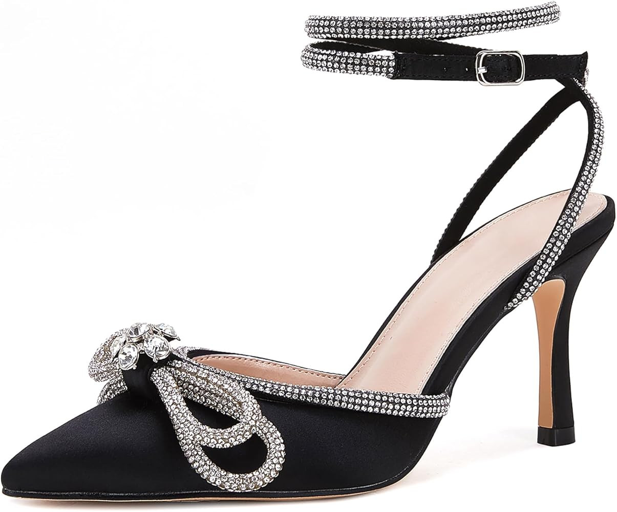 VETASTE Women's Double Bow Pointed Toe Ankle Strap Crystal Pumps Wedding Bridal Party Stilettos B... | Amazon (US)