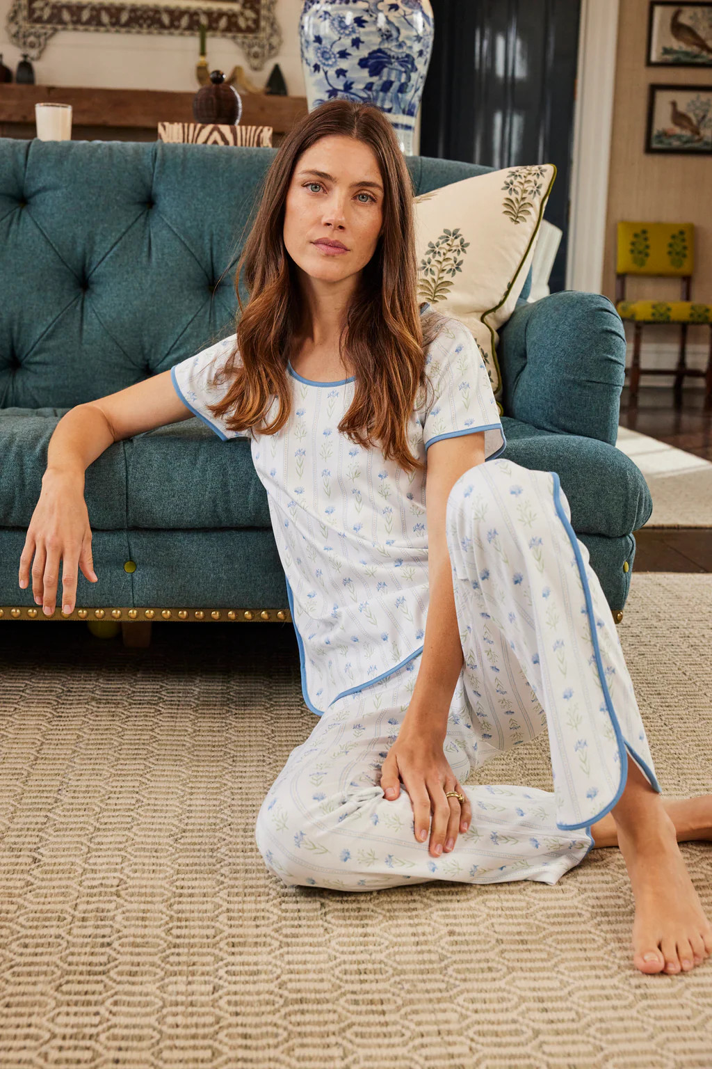 Pima Bundle in Serene Blue Watercolor Stems | Lake Pajamas