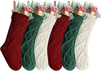 Kunyida Pack 6,18" Unique Burgundy and Ivory White Knit and Green Christmas Stockings Style2 | Amazon (US)