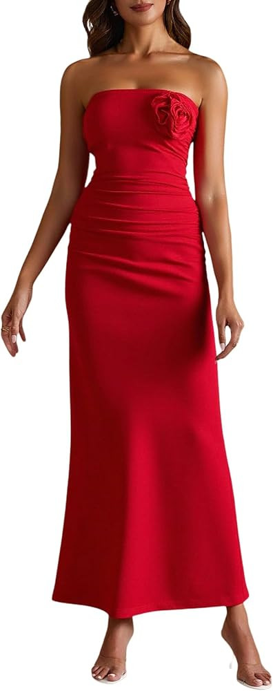 Women's 3D Floral Ruched Tube Dress Strapless Split Hem Maxi Elegant Party Dresses | Amazon (US)