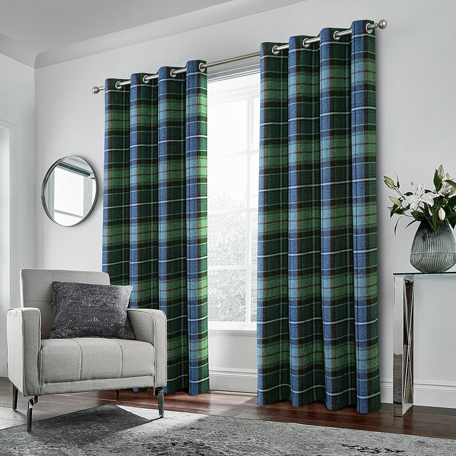 always4u Woolen Look Plaid Curtains Modern Window Panels Blue Green Check Tartan Curtains for Liv... | Amazon (US)