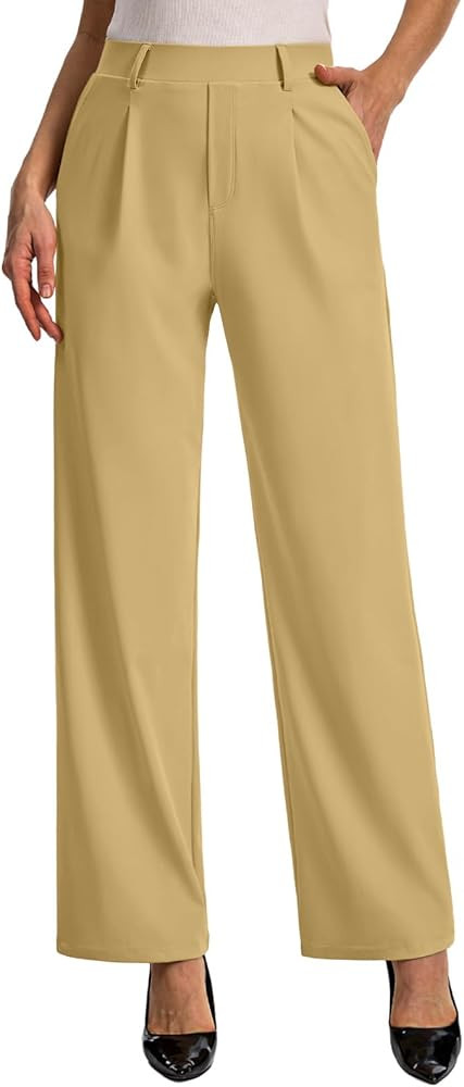 Feiersi Pantalones de vestir para mujer, pantalones de trabajo elásticos de pierna ancha, pantal... | Amazon (US)