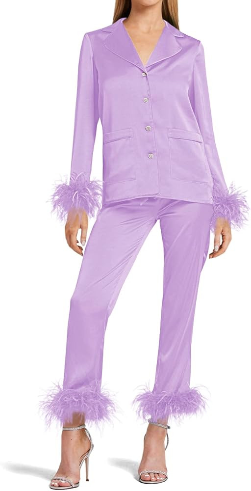 Women's Silk Satin Pajama Set Feather Trim Bridal Long Sleeve Pocketed Lounge Sets Sleepwear (Rem... | Amazon (US)