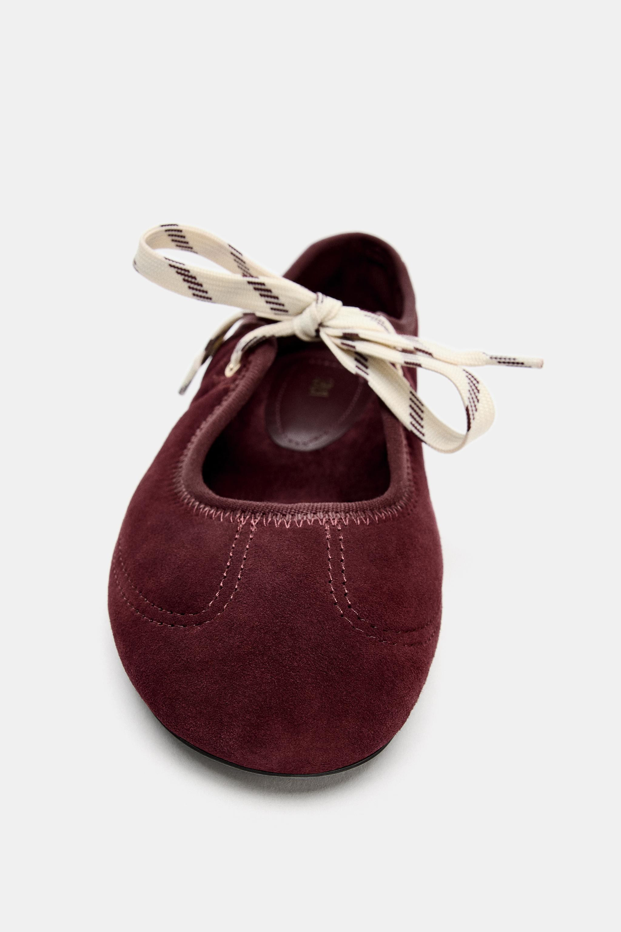 LACED SPLIT LEATHER BALLET FLATS | Zara US