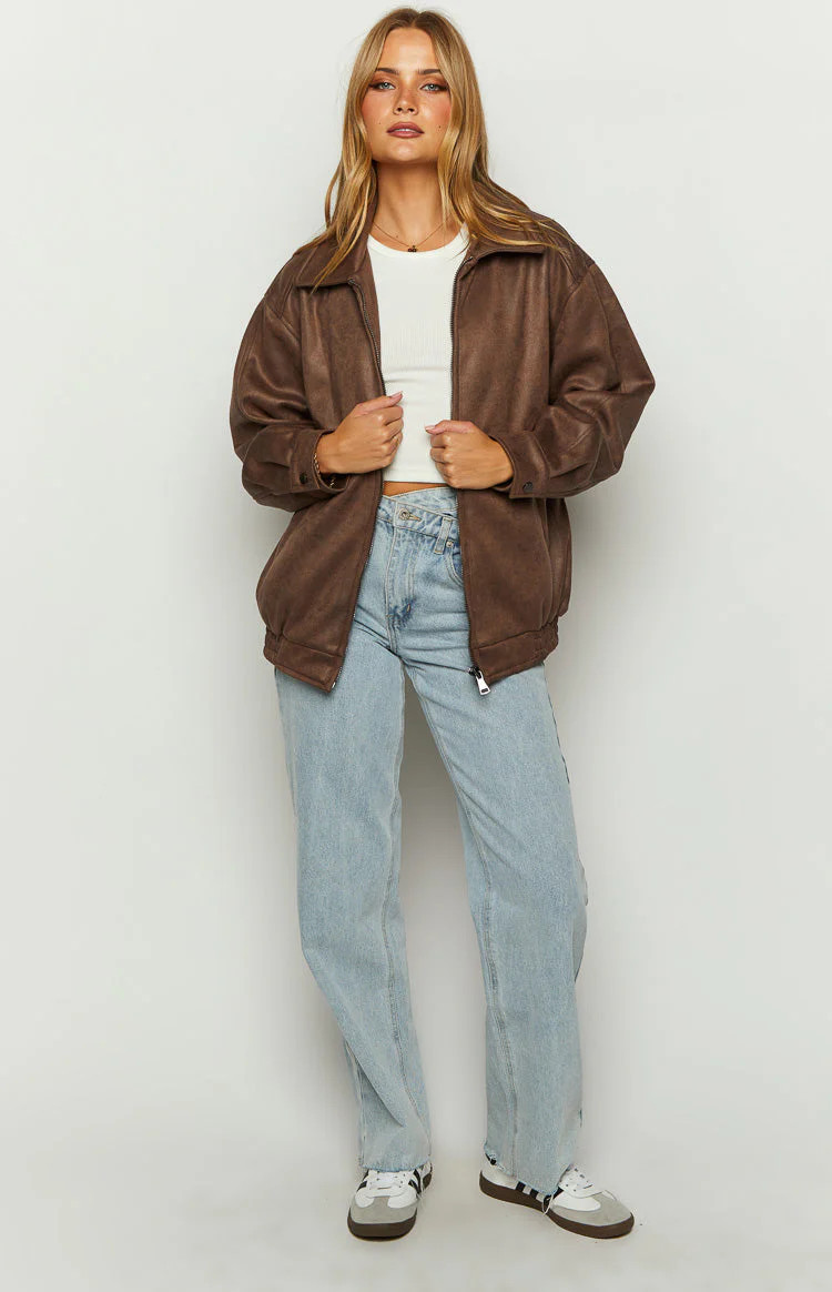 Abbi Brown Faux Suede Bomber Jacket | Beginning Boutique (US)