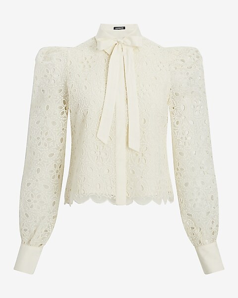 Eyelet Lace Tie Neck Puff Sleeve Top | Express