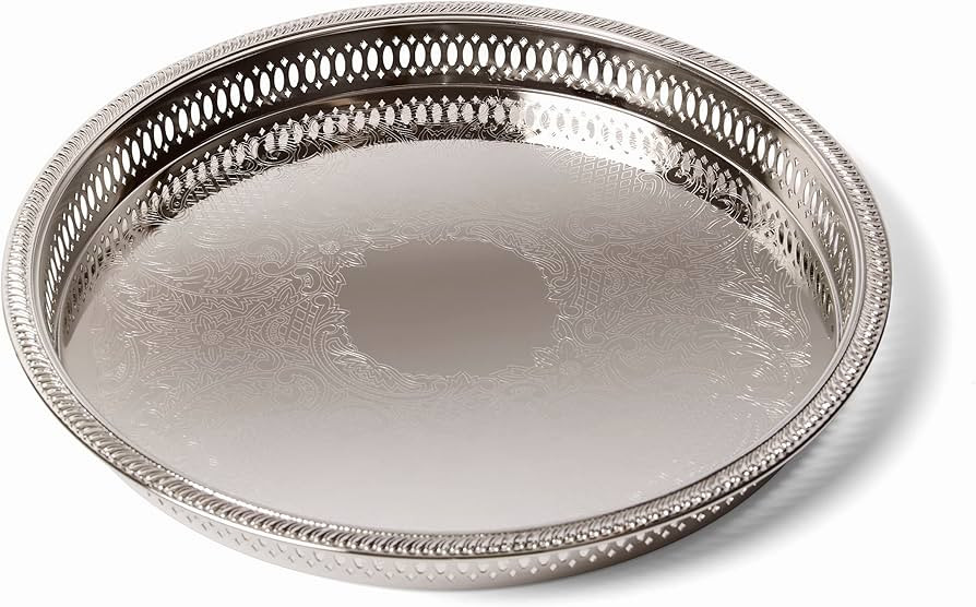 Elegance Round Metal Serving/Bar Tray,12.75 Inch Nickel Plated with Decorative Embossing Serves C... | Amazon (US)
