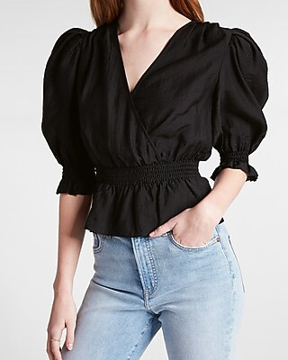 Puff Sleeve Faux Wrap Front Peplum Top | Express