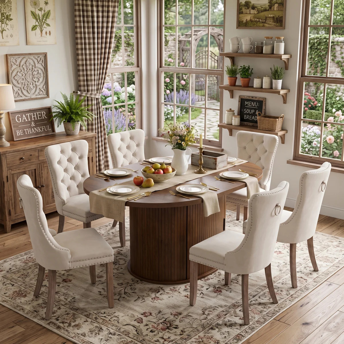 7-Piece Farmhouse Kitchen & Dining Room Set with Extendable Pedestal Table, Enclosed Storage, and... | Wayfair North America