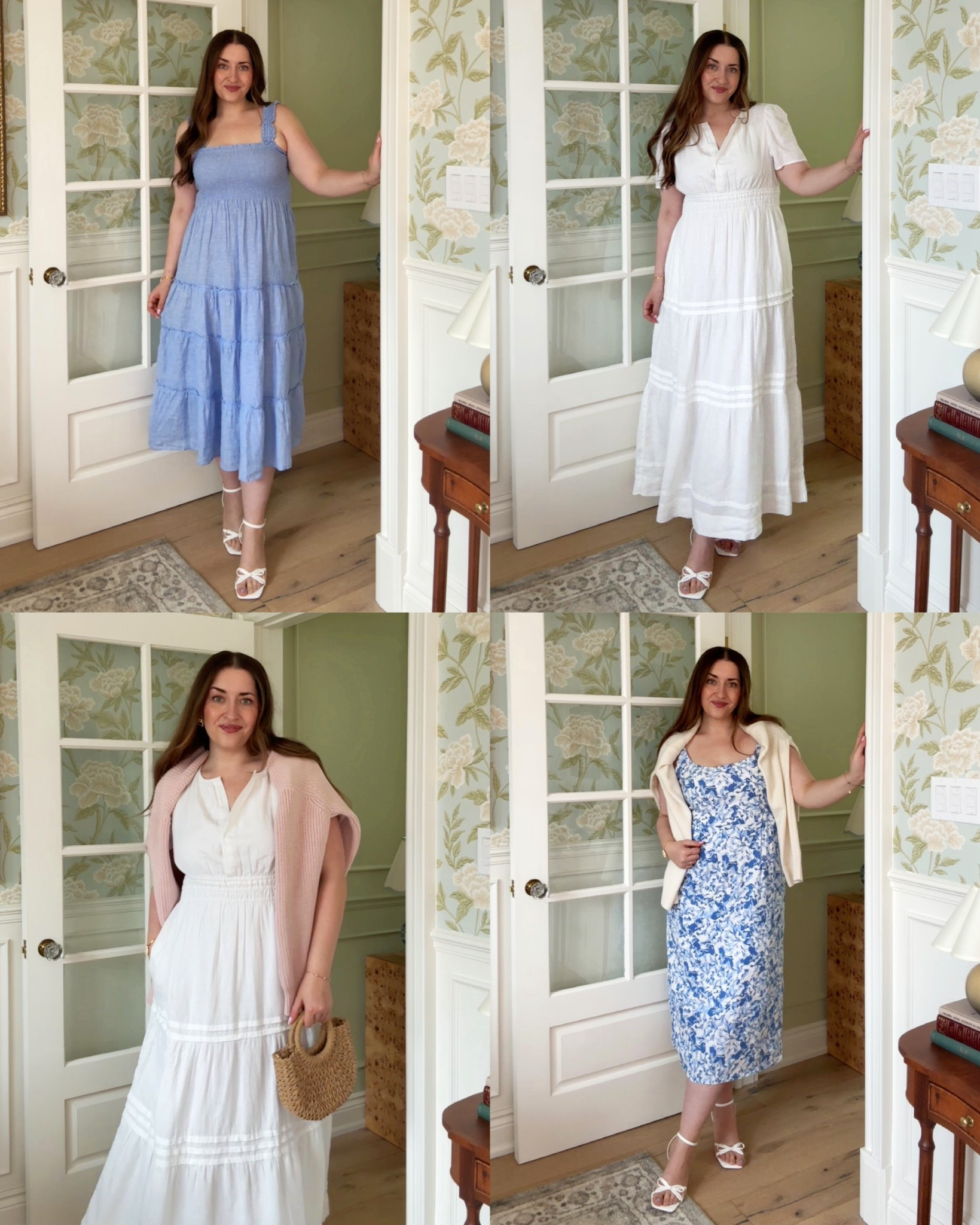 The prettiest spring/summer dresses you can dress up or down – all 100% linen & from @Quince  🌷 wearing M in blue dress, L in floral print, white dress & sweaters #ad #quincepartner 