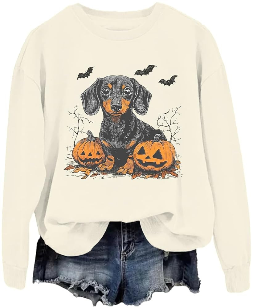 Happy Halloween Sweatshirts For Women Dachshund Halloween Sweatshirt Funny Dog Lovers TShirt Long... | Amazon (US)