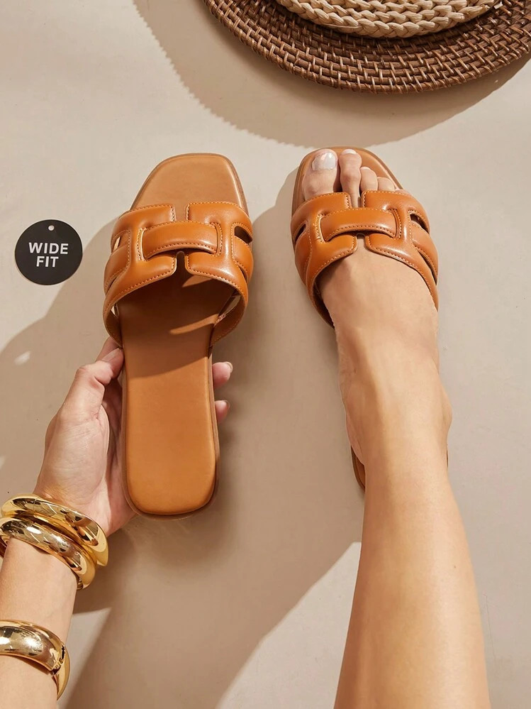 SHUZIA Wide Fit Women's Luxury-Inspired Padded Woven Strap Open Toe Flat PU Gold Tan Slide Sandal... | SHEIN