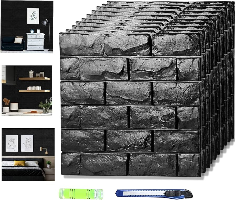 20 Pcs 3D Wall Panels Stick and Peel, Black Brick Printable Faux Paneling Self Adhesive Waterproof 3 | Amazon (US)
