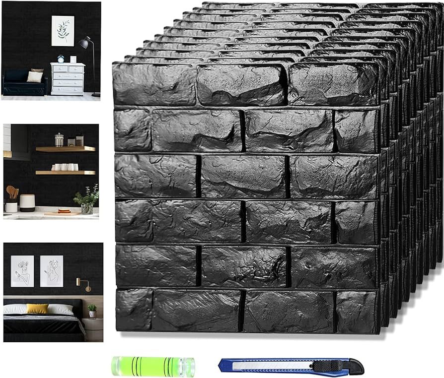 20 Pcs 3D Wall Panels Stick and Peel, Black Brick Printable Faux Paneling Self Adhesive Waterproof 3 | Amazon (US)