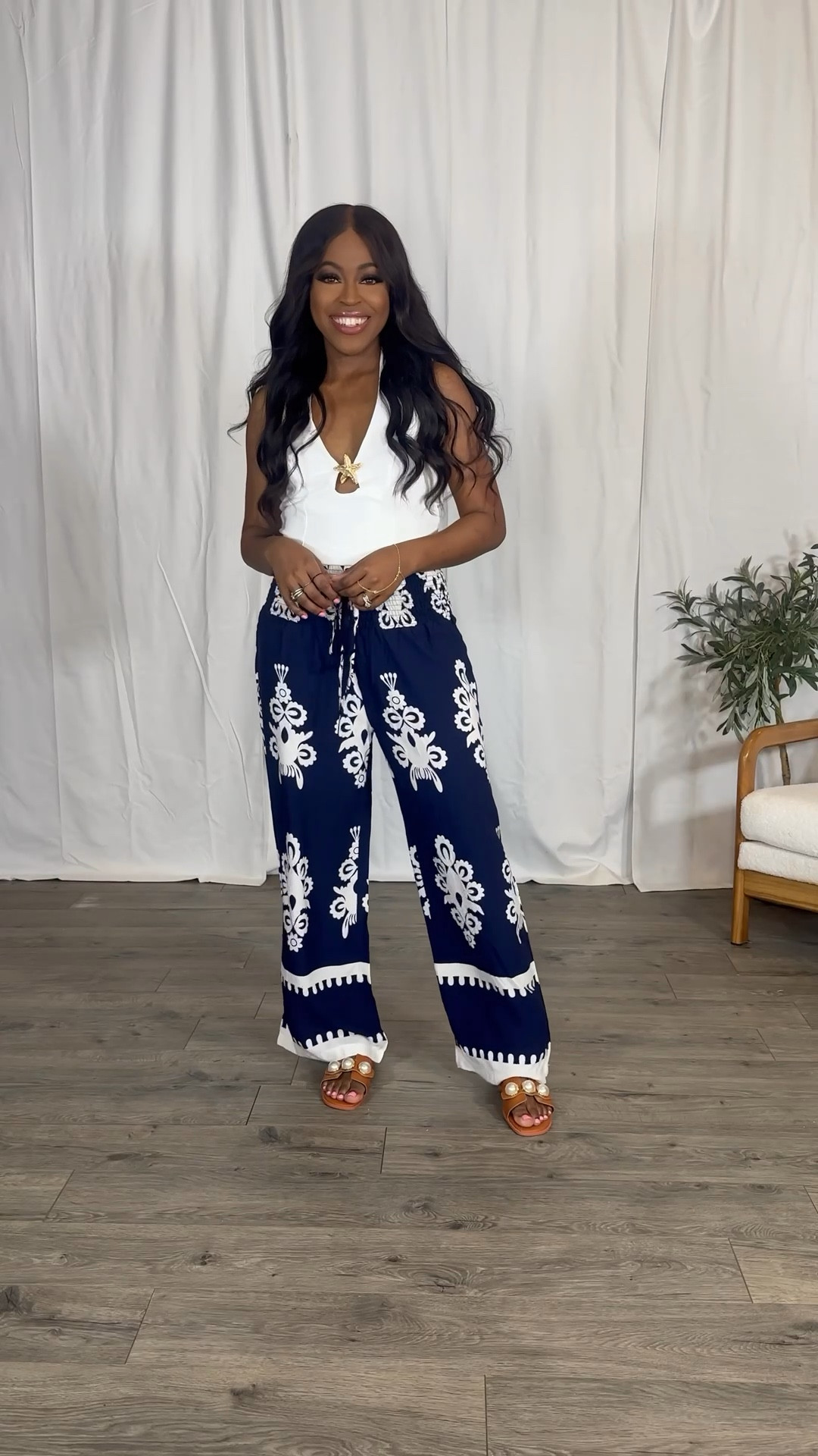 Top: I am wearing a small, I have plenty of room so I would be better in an xs. The starfish pendant is removable. I wore nipple covers underneath. •Pants: I am 5'4" wearing a size small and the waistband is elastic. •Sandals: I went with my normal size.




Spring outfits 2026, beach outfit, summer halter top, wide leg pants, spring outfit 

#LTKootd