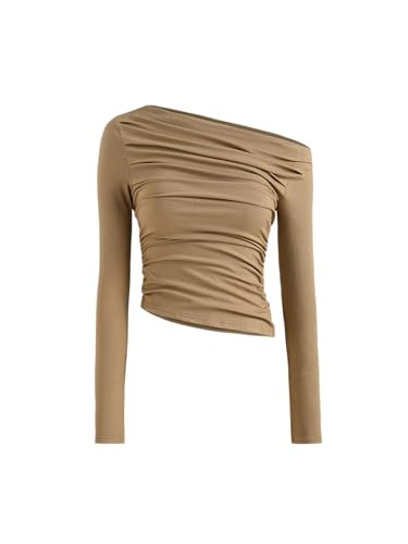 CIDER Women's Asymmetrical Top Off The Shoulder Long Sleeve Shirts Ruched Going Out Crop Tops | Amazon (US)