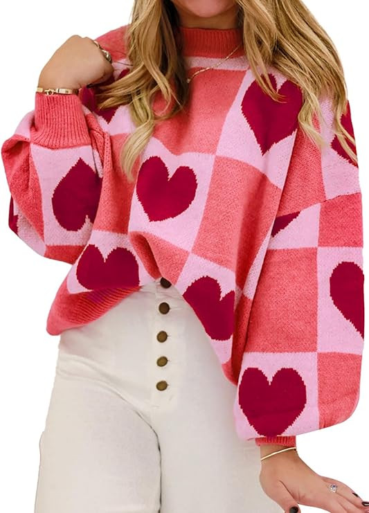 KevaMolly Womens Plus Size Valentines Sweater Lantern Sleeve Sweater Plaid Elegant Baggy Sweaters... | Amazon (US)