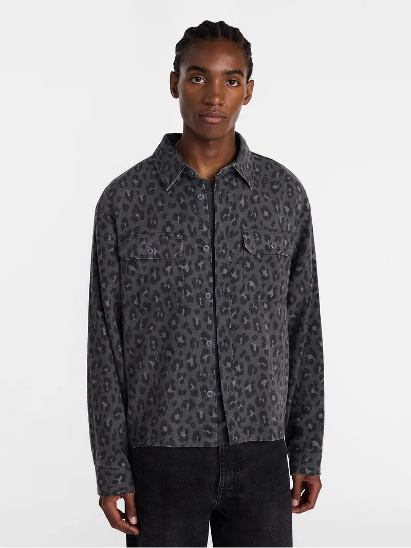 No Boundaries Cotton Boxy Cropped Fit Printed Flannel Shirt with Long Sleeves, Men's XS-5XB | Walmart (US)