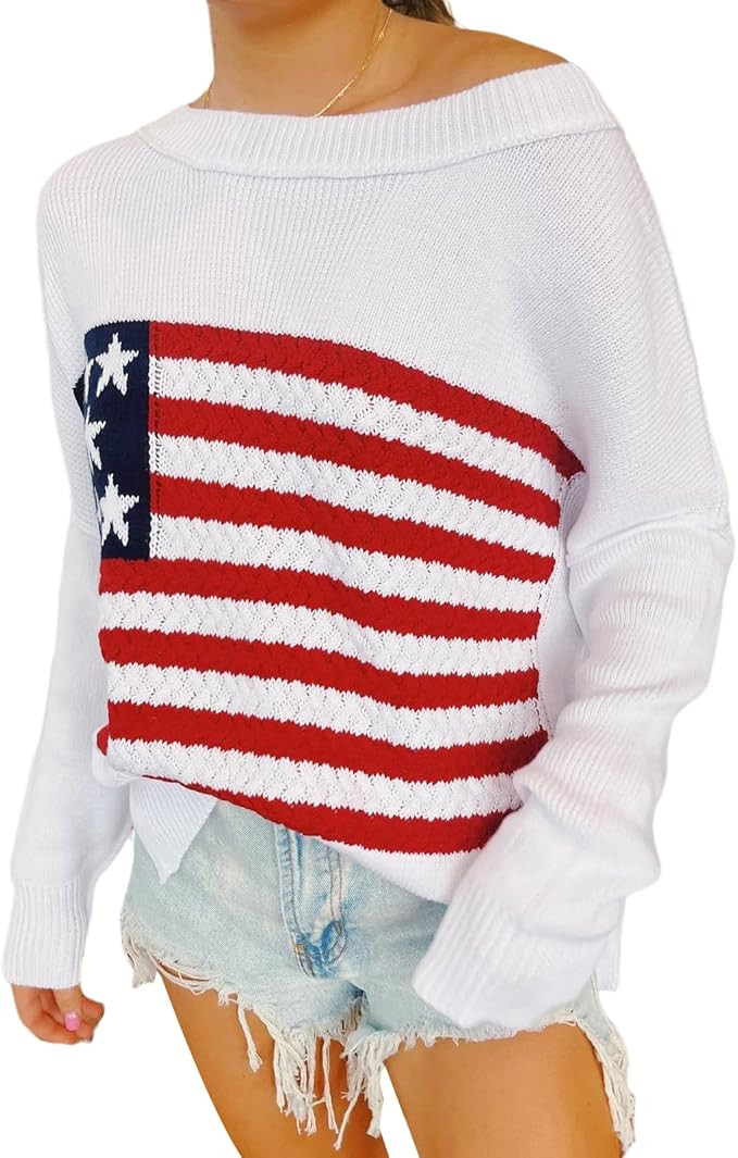 Women Y2K American Flag Sweaters Long Sleeve Round Neck Flag Print Knit Pullover Sweater Vintage ... | Amazon (US)