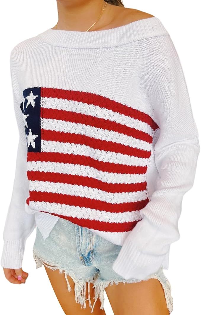 Women Y2K American Flag Sweaters Long Sleeve Round Neck Flag Print Knit Pullover Sweater Vintage ... | Amazon (US)