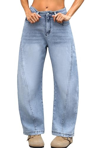 ELLEVEN Barrel Jeans Women Baggy Boyfriend Denim Pants Stretchy Loose Casual Jeans Low Rise Trousers Wide Leg Jeans Light Blue Medium | Amazon (US)