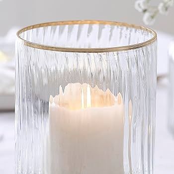 Ginger Ray Ribbed Glass Hurricane Candle Holder with Gold Rim and Base Wedding Table Decoration 1... | Amazon (UK)