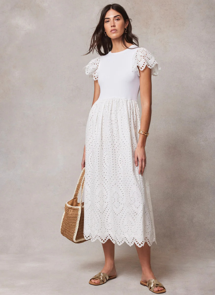 White Jersey Broderie Midi Dress | Mint Velvet