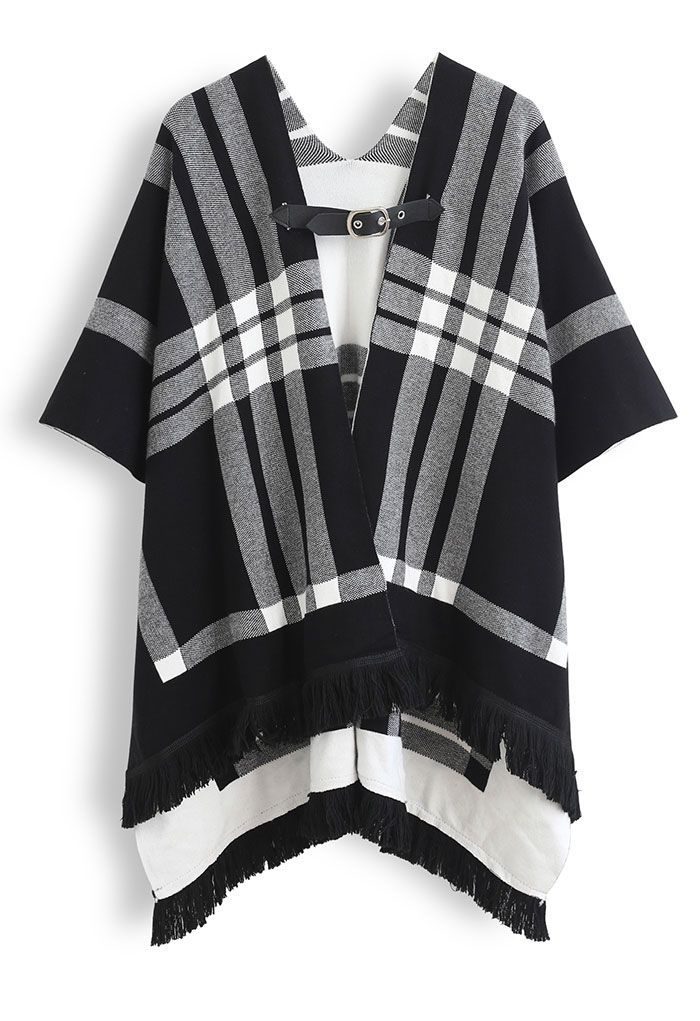 Belted Check Printed Tassel Poncho in Black | Chicwish
