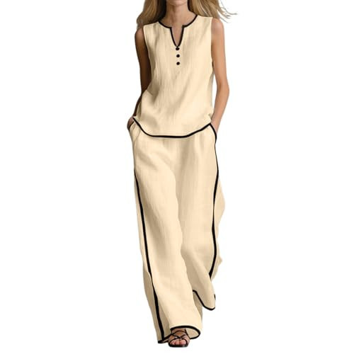 2 Piece Linen Set for Women Linen Sets for Women 2 Piece Petite V Neck Tank Tops and Wide Leg Pants Set Summer Color Block Matching Outfits Conjunto De Lino Para Mujer Capsule Wardrobe Sets | Amazon (US)
